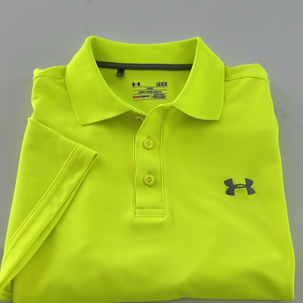 Under Armour polo, heat gear, large, loose, bright neon green.